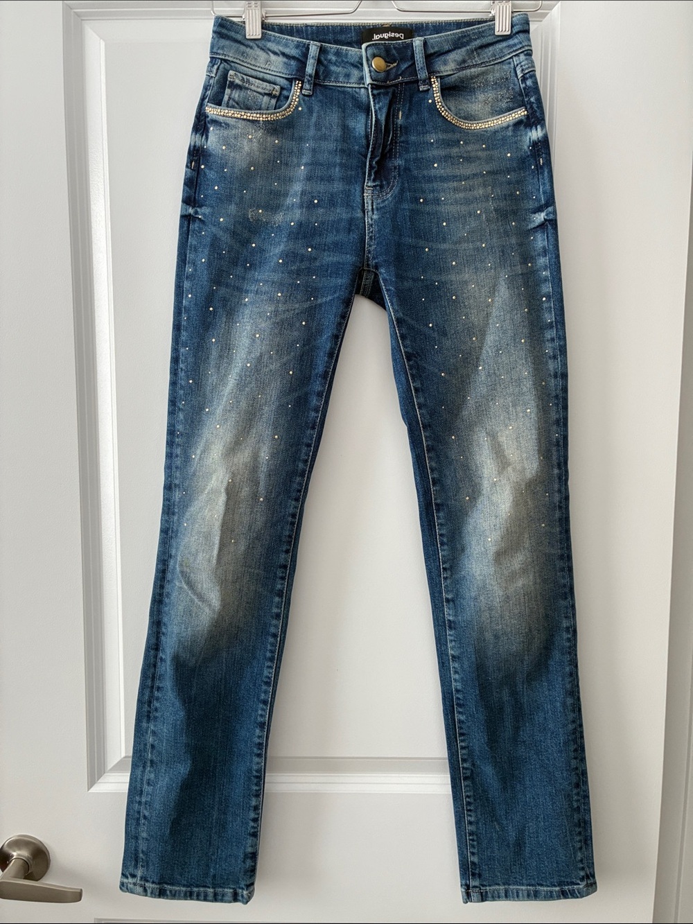 Desigual Size 24 Rhinestone Embellished Jeans Stretch Denim - Medium Wash